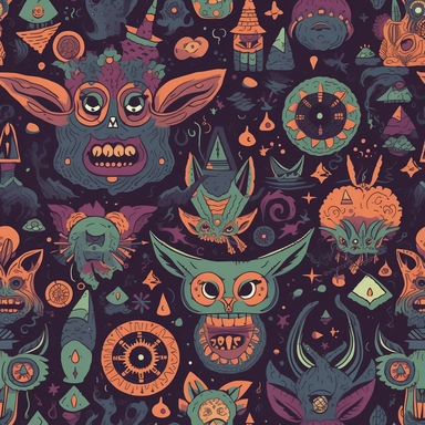 Comical Occult Creatures: Design a pattern that showcases the lighter side of satanic creatures and symbols using a humorous clipart style. Focus on capturing the amusing characteristics of characters like Baphomet wearing a party hat, a skateboarding demon, or a vampire sipping a cocktail. Employ a diverse range of colors, from dark, moody shades to vibrant, eye-catching hues, to create a visually captivating and entertaining composition.