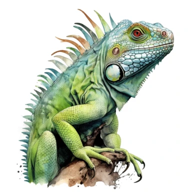 Green iguana full body, watercolor, sharp illustration clipart, insane detail, white background