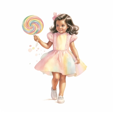vintage adorable little girl with pastel rainbow candy, full body, pastel beige colors, clipart style, accurate details, watercolor technique, super high quality, professional watercolor clipart, high resolution