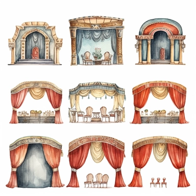 watercolor 1910s 1920s 1930s 1940s theatre stage, illustrations clipart set, simple, , cartoon elements ,different variants ,shows,separate elements with a margin
