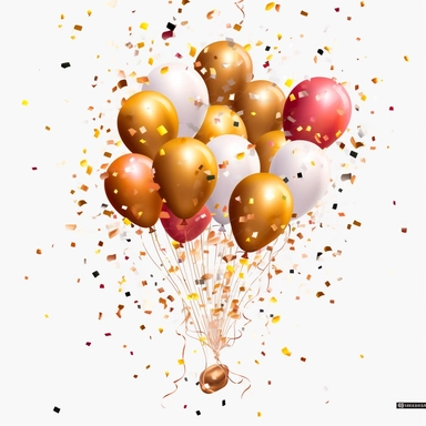 Balloon Burst: Create cliparts showcasing balloons bursting with confetti or glitter, rose and gold colors , high resolution, white transparent background no captions