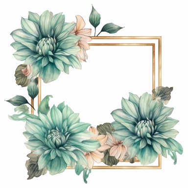 a floral frames made with teal and pastel teal Dahlia flowers, wet on dry watercolour style, antique look, clipart, white background