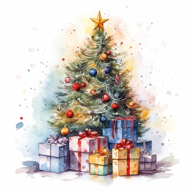 , Beautiful decorated christmas tree with presents, isolated on white background, watercolor, high detail, unique, intricate detail, hand - painted lateral view, clipart, transparent background, clear background, high resolution, watercolor, vector, 12k, 300 dpi, 12: 12 ratio