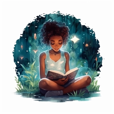 Watercolour Black teenage girl Reading Clipart, braids, forest library, surrounded by fireflies, floating in lake,, Girl Studying Clipart, Book Lover , Student Clipart, Reading Png,Bookworm, hd, white background, spaced out, pastel colors, cartoon realism