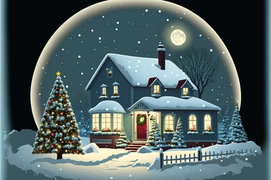 Stunning Vector clip art Christmas scene. frosty winter evening, snow is falling gently outside. The Christmas scene is one of festive cheer, as a cozy house is adorned with twinkling Christmas lights and colorful decorations. A tall Christmas tree with ornaments, gifts, decorations stands proudly in the front yard, its branches glistening with snow. The house itself is a picture of holiday cheer. Its windows are adorned with wreaths and garlands, and a wisp of smoke curls from the chimney. The 