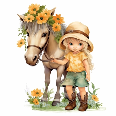 little girl horse with flowers around feet and on horse clipart flat