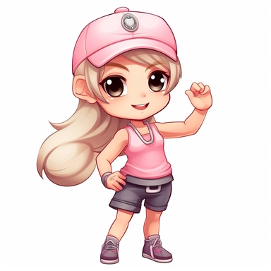 cute white chibi girl working out wearing a pink cap, clipart, childrens book character, must have correct number of fingers and toes