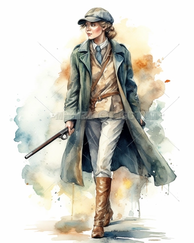 british woman detective full body looking for evidence, holding a gun, no watermarkwatercolor clipart on white background