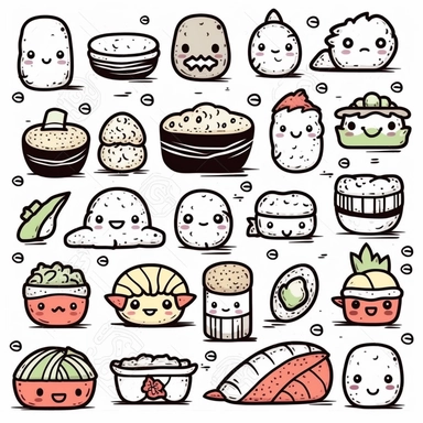 realistic, digital stamps vector line art, asain kawaii food Kawaii Sushi clipart set, Cute sushi clip art, Salmon nigiri, Onigiri, Maki, Ramen, Noodles, Sushi rolls, Japanese food cliparts, Vector graphics, line art, black and white