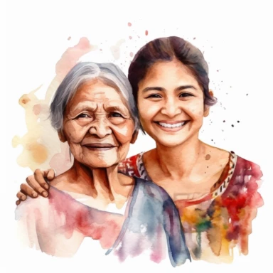 smiling old mexican mom and adult mexican daughter with watercolor effect, realistic faces, mothers day, suitable for digital clipart, magic scene, white background