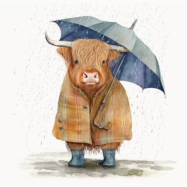 Highland Cow in a rain coat unbrella, Watercolor, Clipart, Farm Animal, clipart