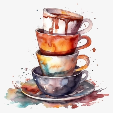 stack of coffee cups, clip art, watercolor, isolated white background, 8k