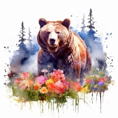 detailed watercolor clipart, photography style, beautiful bear, in a meadow, HDR, spring floral,self shadow, white background