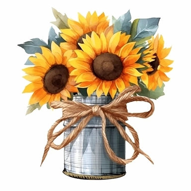 on white background high detailed clipart featuring sunflowers tied with jute ribbon in a jar, coffee mug in watercolor style, hyper realistic illustration flat color