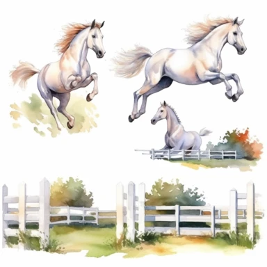 Watercolor horses racing in field , horse jumping over fence, illustrations clipart set, simple, white horse , cartoon elements, different variants , separate elements with a margin