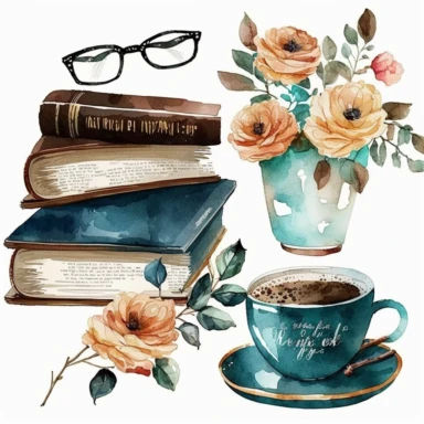 watercolor coffee and books clipart