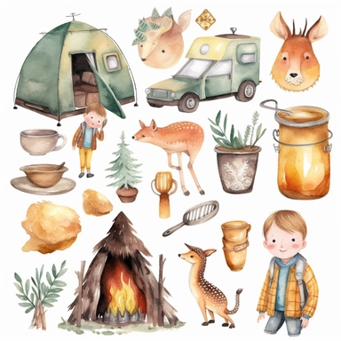 Watercolor boho camping illustrations clipart set, simple, soft colors, cartoon elements, different variants, cute little boy, campervan, camping related items, pots, bonfire, firepit , logs separate elements with a margin