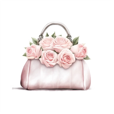 Isolated on a white background, in a feminine style that is populair on Etsy, simple white bridal bag with baby pink roses clasp, high resolution, highly detailed, watercolor clipart illustration, soft pastel color theme, baby pink, 8k UHD isolated image on white background, hyper - realistic high definition,