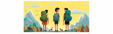 school clip art of two children with backpack standing alone with school stuff on top, in the style of cartoon, bengal school of art, studyblr