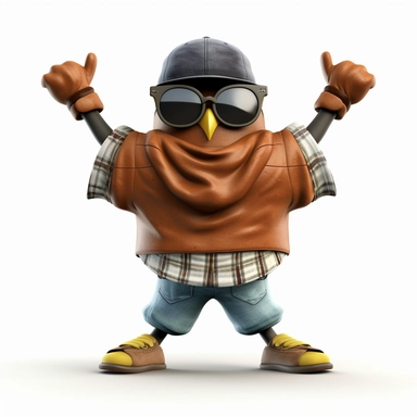 please create pixar style character clipart of an owl dressed like a rapper, back view with arms flexing, head front view