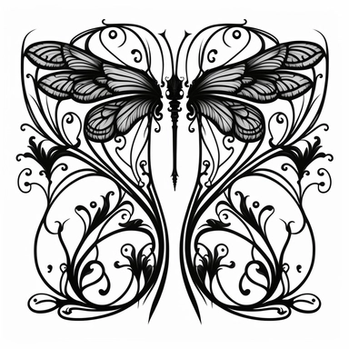symmetrical dragonfly style fairy wings in art nouveau style, black lines, detailed, flat design, white background, clipart style, black and white,