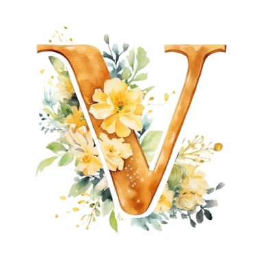 watercolor, Clipart, Golden Monogram, Capital Letter [W] decorated with white flowers, yellow tone