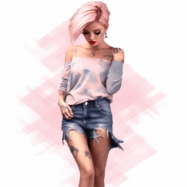 glamour model posing, short pink hair ripped jean skirt, full length, watercolour style, fine details, 8k clipart png transparent