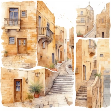 watercolor mardin town in turkiye, illustrations clipart set, simple, , cartoon elements ,different variants , historic stone houses,historic buildings, cobblestone lanes, tone facades of the buildings, Mardin's stone Alleyways separate elements with a margin
