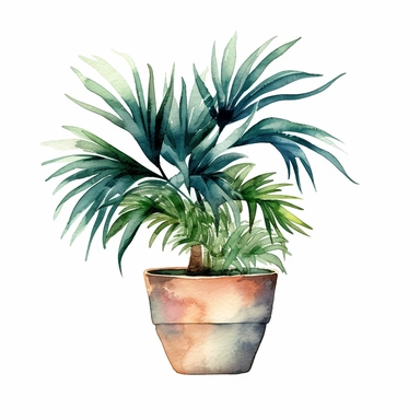 Watercolor clipart tropical single planter, Watercolor clipart tree planter, single watercolor houseplant clipart in pot, black contour around the leaves, white background,