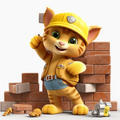 clipart, cartoon brown cat in construction clothes with yellow helmet, in one hand holding a brick, standing next to wall and bricking the wall, in the style of imax, playful and lighthearted compositions, childlike innocence and charm, uhd image, realistic and hyper-detailed renderings, movie still, utilizes, white background