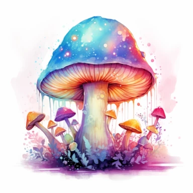 a realisitic watercolor pastel colored glowing magic mushroom fantasy clipart in white background
