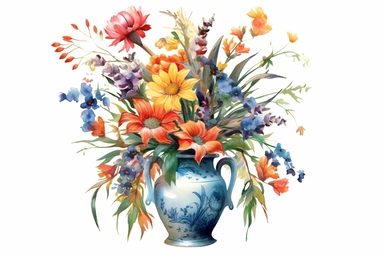 Watercolor , Wild Flowers in Tang dynasty vase, clipart, hd, on a white background, spaced out