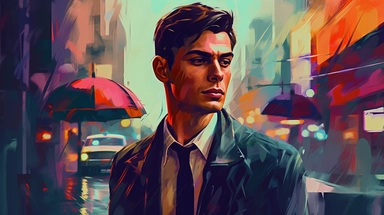 beautiful stunning pretty vintage bladerunner style young man, paint art style, clipart, city landscape background, superrealistic, one of a kind