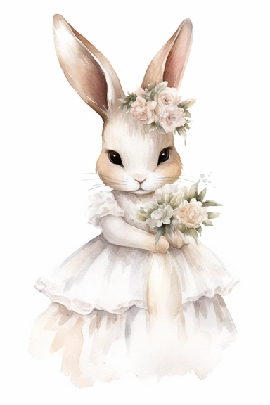 Watercolor Clipart, A cute baby bunny in a wedding dress, isolated white background