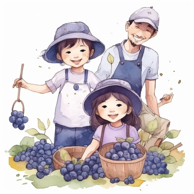 clip art of an asian baby girl and her dad are harvesting fresh blueberry with basket, crayon colouring, in the style of illustrator Ashley Bryan, smilecore, soggy, sticker set, ready-made objects, loose paint application, white background, embroidery
