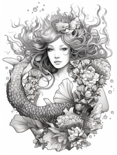 Coloring book, white background, black and white, clip art. Mermaid. Fish bottom, woman top. Mermaid has large wings.