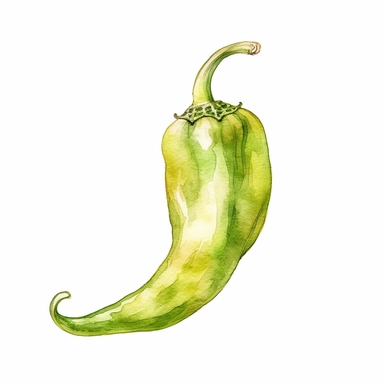Watercolor clipart of Green chili pepper in the style of ethereal watercolor washes, strong watercolor paper texture,intuitive ink washes , multi-layered, lith printing, havencore, texture-based, isolated on white background