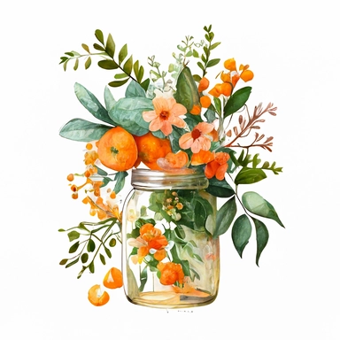 watercolour orange fruit bouquet in a glass jar clipart with orange flowers and leaves and flora in white background