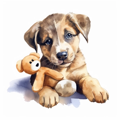 Watercolor puppy playing, with cuddly toy bone Clipart - cute puppy , Colour of brindle brown and cream, white background, vector art, high definition, clip art, ar 2:2