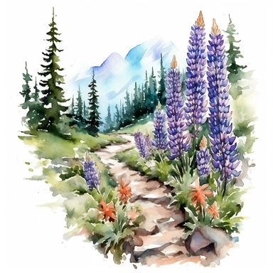 A clipart of lupine flowers growing along a mountain trail clipart, white background, watercolor drawing