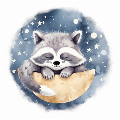 Cute raccoon illustration, realistic adorable raccoon sleeping on a soft moon surrounded by stars, sleepy happy clipart, nursery style clipart, Nursery Animals Art, Kids Wall Art, Kids Room Decor, Baby Room Decor, isolated on white, ultra - detailed, high quality, ghibli style, award winning