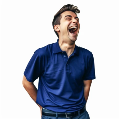 ultra camera realistic age 25 man in vibrant royal blue polo shirt uniform laughing at a very funny joke with white background for a vector clipart