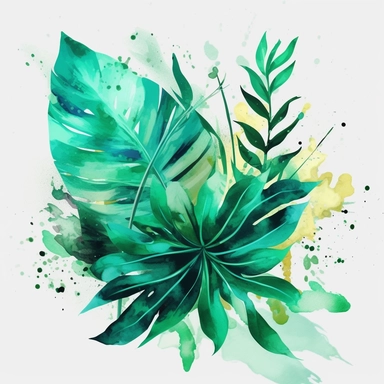 leave, lovely looking, tropical, include green, bright colors summer vibe, 4k, professional sketch, water colors, clipart, solid background