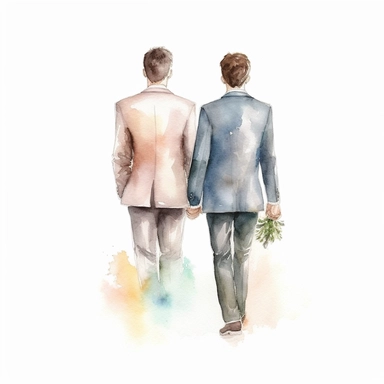 watercolour gay wedding couple from behind, clipart on white background, highly detailed, professional color gradation, clean sharpness