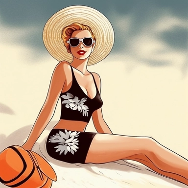 portrait view, full view, clipart illustration, beautiful lady sunbathing on beach, exact image, sharp focus, high detail, (--iw 5)