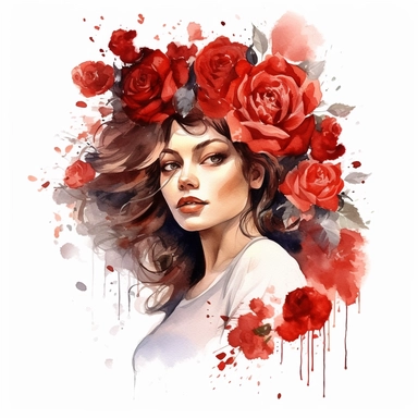 watercolor, white background, clipart, watercolor, white background, ultra-realistic and hyper-detailed clipart beautiful woman surrounded by red roses, red and rich gold hues