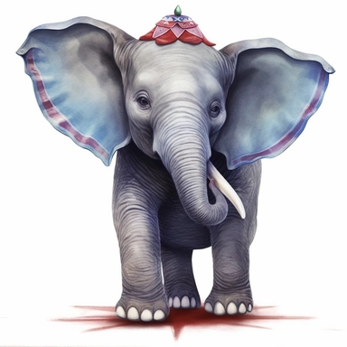 hand drawn dumbo the elephant, oversized ears that touch the floor, 1920’s circus, glamorous, very detailed and realistic, watercolor, clipart style, white background with margins