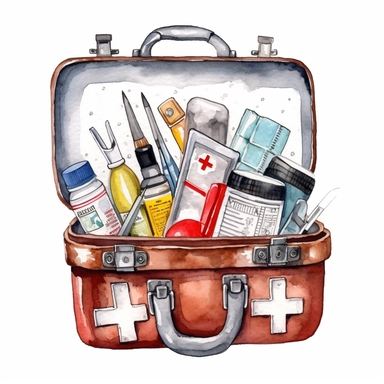 first aid kit with medical equipment,Watercolor style, Clipart,on white background with margins