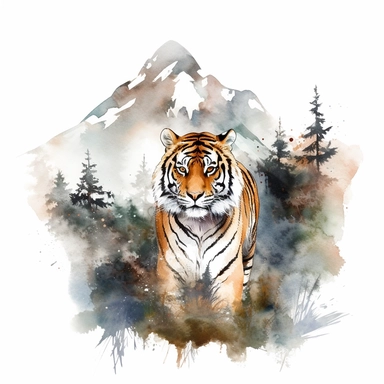 watercolor style, tiger with the mountain forest in the back clipart, isolated on white background, hd