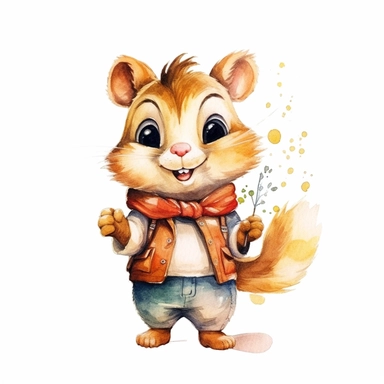 a captivating watercolor clipart image with a white background and white margins, featuring a cure sweet kawaii chipmunk. The ultra-detailed, hand-drawn elements capture the details. Use vibrant shades of various colors to create a visually appealing image